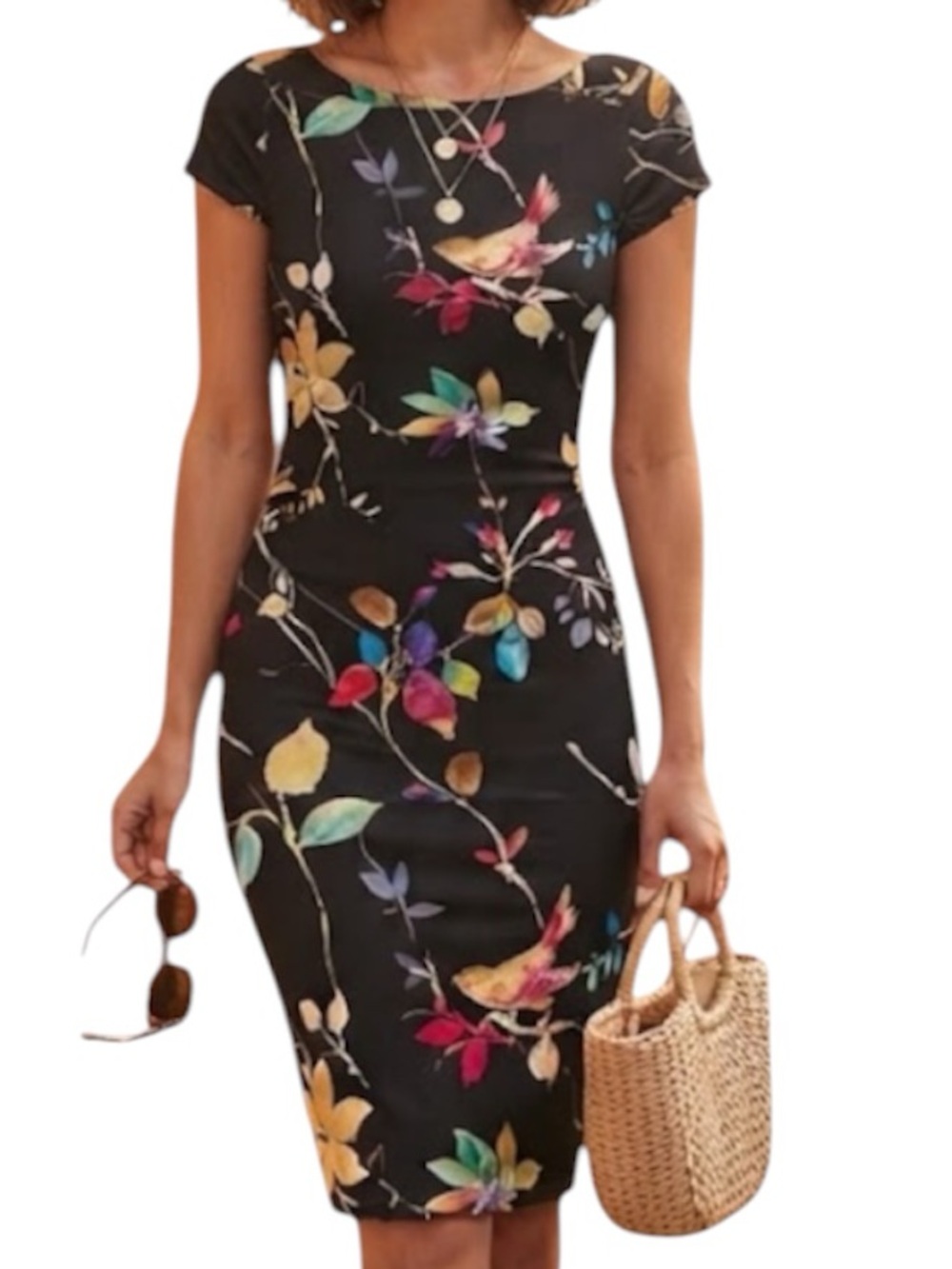 LUSTRE Cocktail Party Floral Print BodyCon Scuba Mini Dress Black Size 6 UK 10